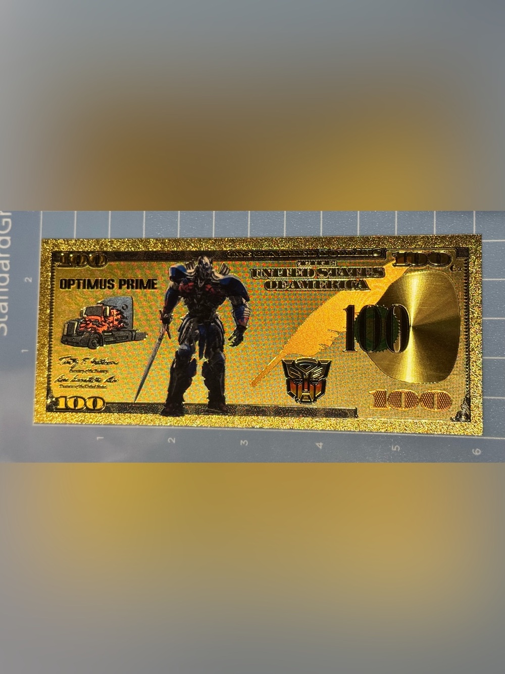 Gold Holographic Transformers Optimus prime Collectable Note